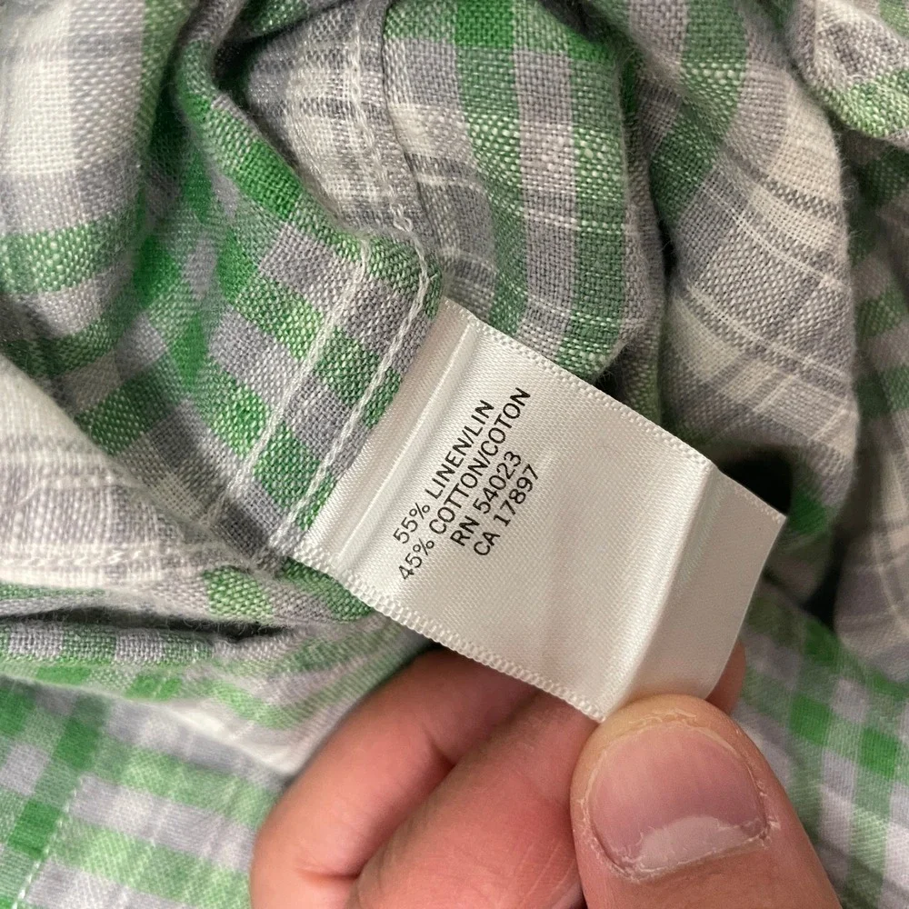 Banana Republic Shirt Mens Medium Green Plaid Linen Cotton Button Down